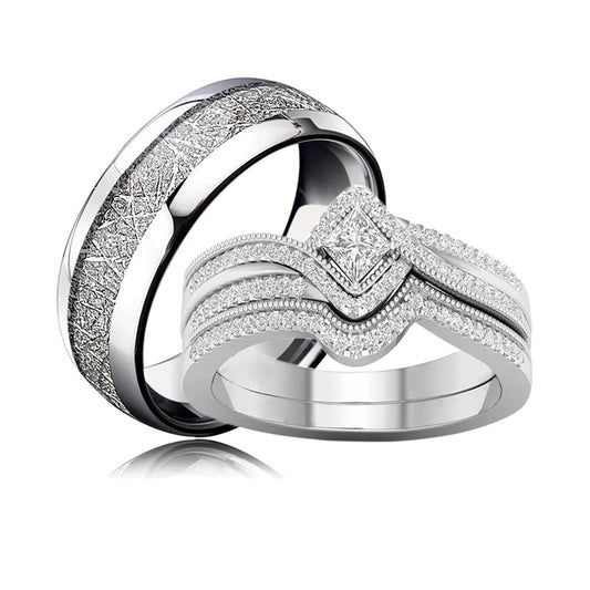 Charm Silver Color Couple Rings for Lover's Cute Women Zircon Rings Set Trendy Stainless Steel Men Rings Jewelry