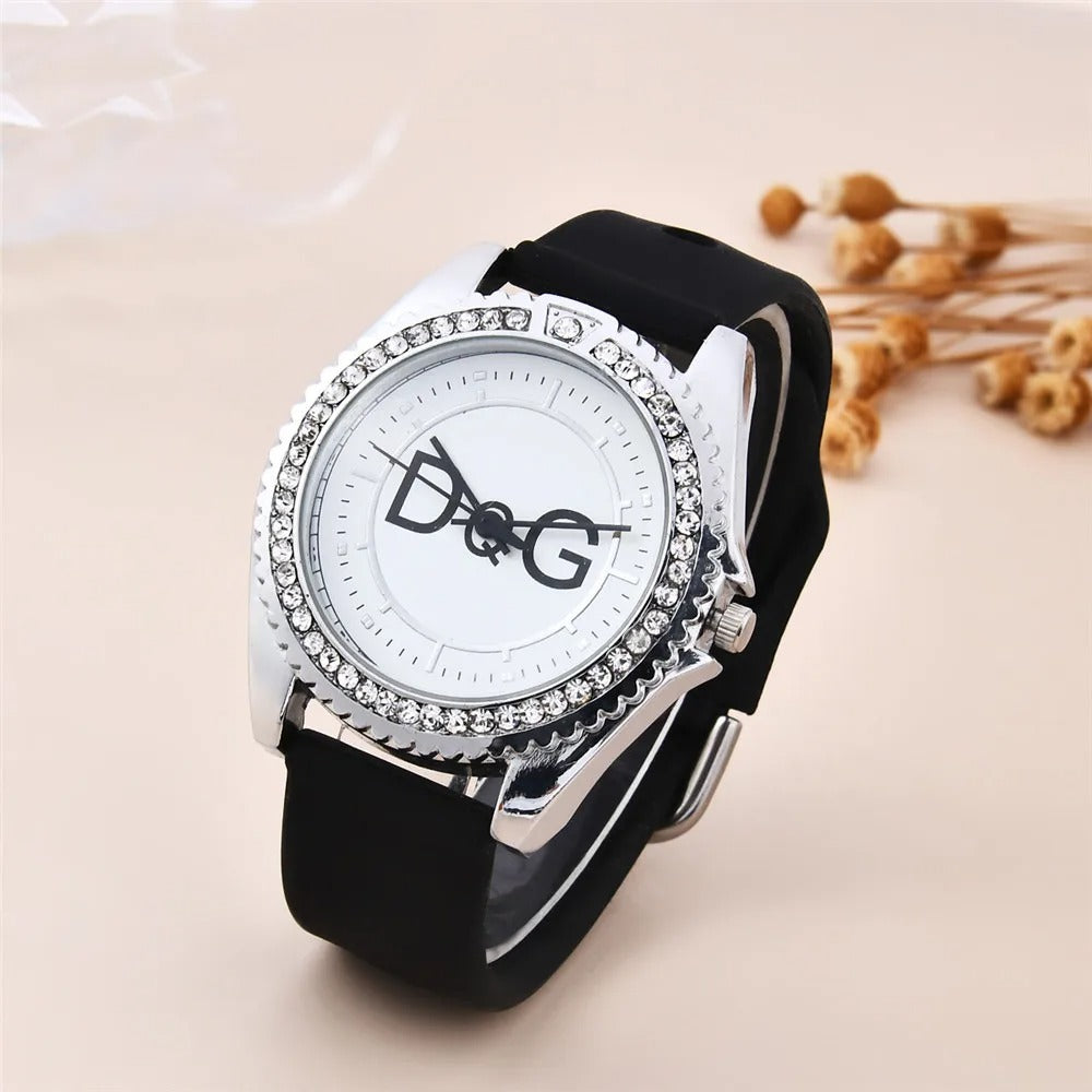 Luxury Brand DQG Women's Watch Leather Strap Rhinestone Inlay Dial Fashion Quartz Watch