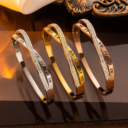 Stainless Steel Cross Bracelet Roman Numeral & Rhinestone Design