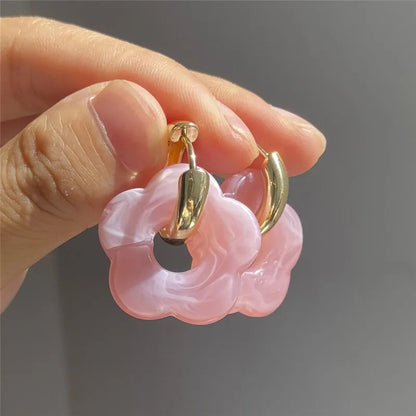 2025 Pink Acrylic Flower Resin Drop Earrings Simple Round Hollow Copper Girls Jewelry Cute Party Personality Gifts