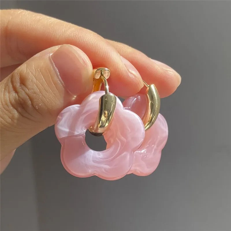 2025 Pink Acrylic Flower Resin Drop Earrings Simple Round Hollow Copper Girls Jewelry Cute Party Personality Gifts