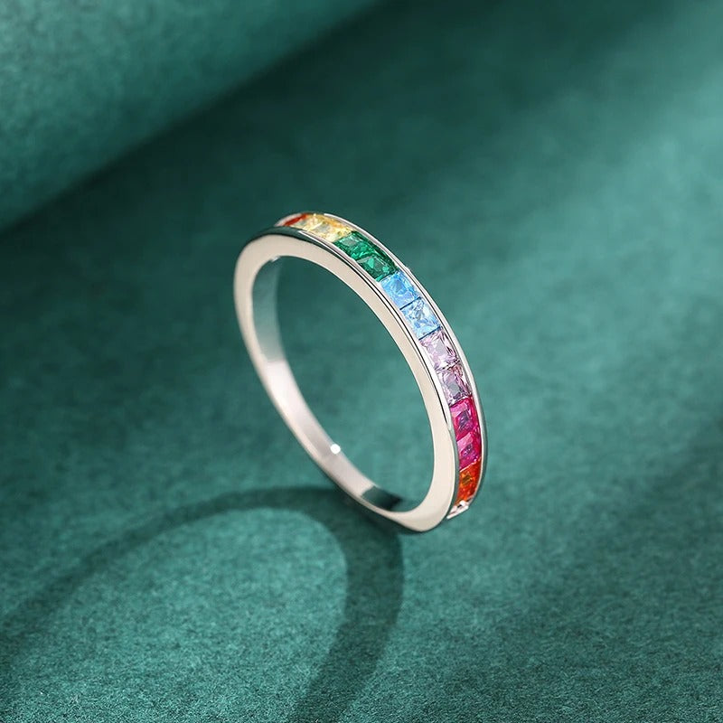 Bright Square Colorful Zirconia Thin Ring Fashion Finger Band Jewelry for Daily Life Versatile Stylish Accessories Gift