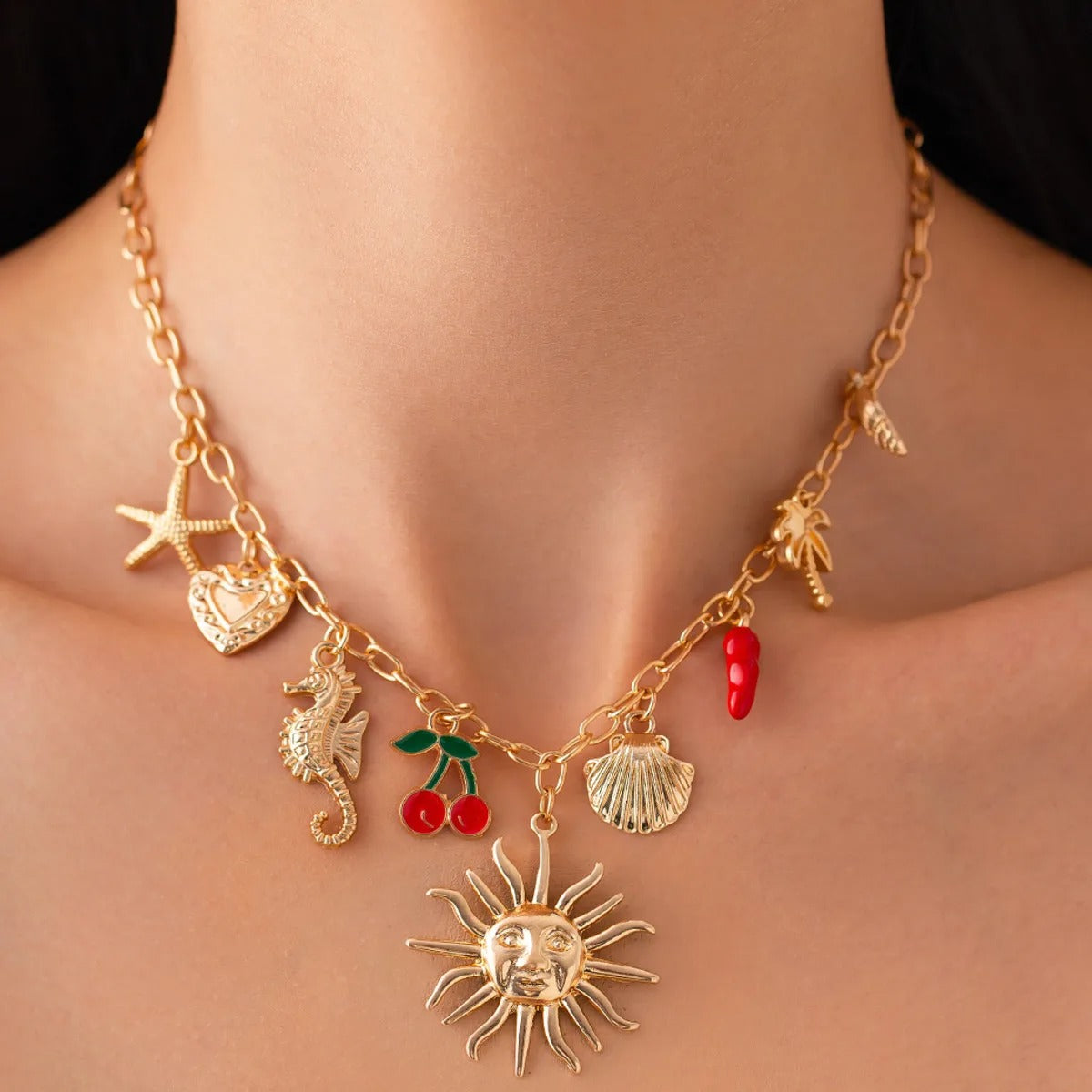 Sun Starfish Scallop Pendant Necklace for Women Vintage Conch Summer Beach Holidays Gold Color Chain Jewelry Gift