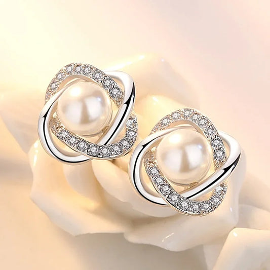 925 Sterling Silver Zircon Pearl Twist Stud Earrings for Women Luxury Elegant Fine Jewelry