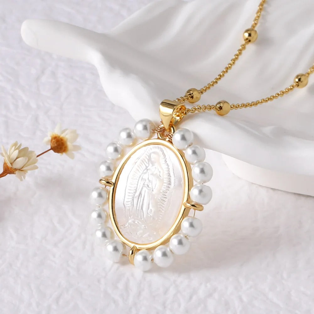 White Pearl Virgin Mary Necklaces for Women Copper Gold Plated Beads Chain Guadalupe Necklaces Amulet Jewelry