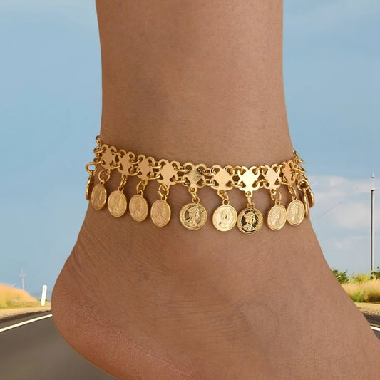 Gold Coin Tassel Anklet Fashion Alloy Foot Chain for Women, Wedding and Party Decoration