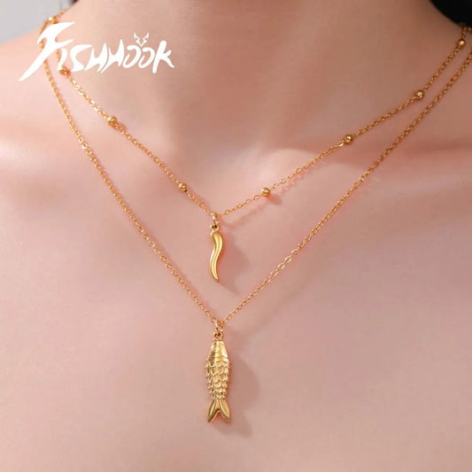 Gold and Silver Color Stainless Steel Double Chain Fish Pendant Necklace  Layered Jewelry Gift for Women & Girls