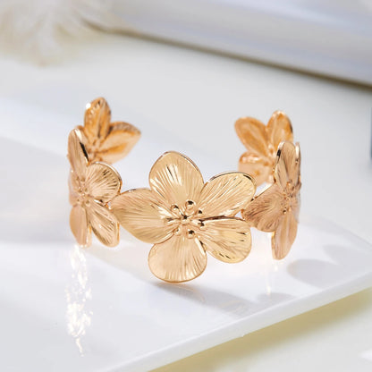 Gold Plated Butterfly & Flower Cuff Bracelet Adjustable Stainless Steel