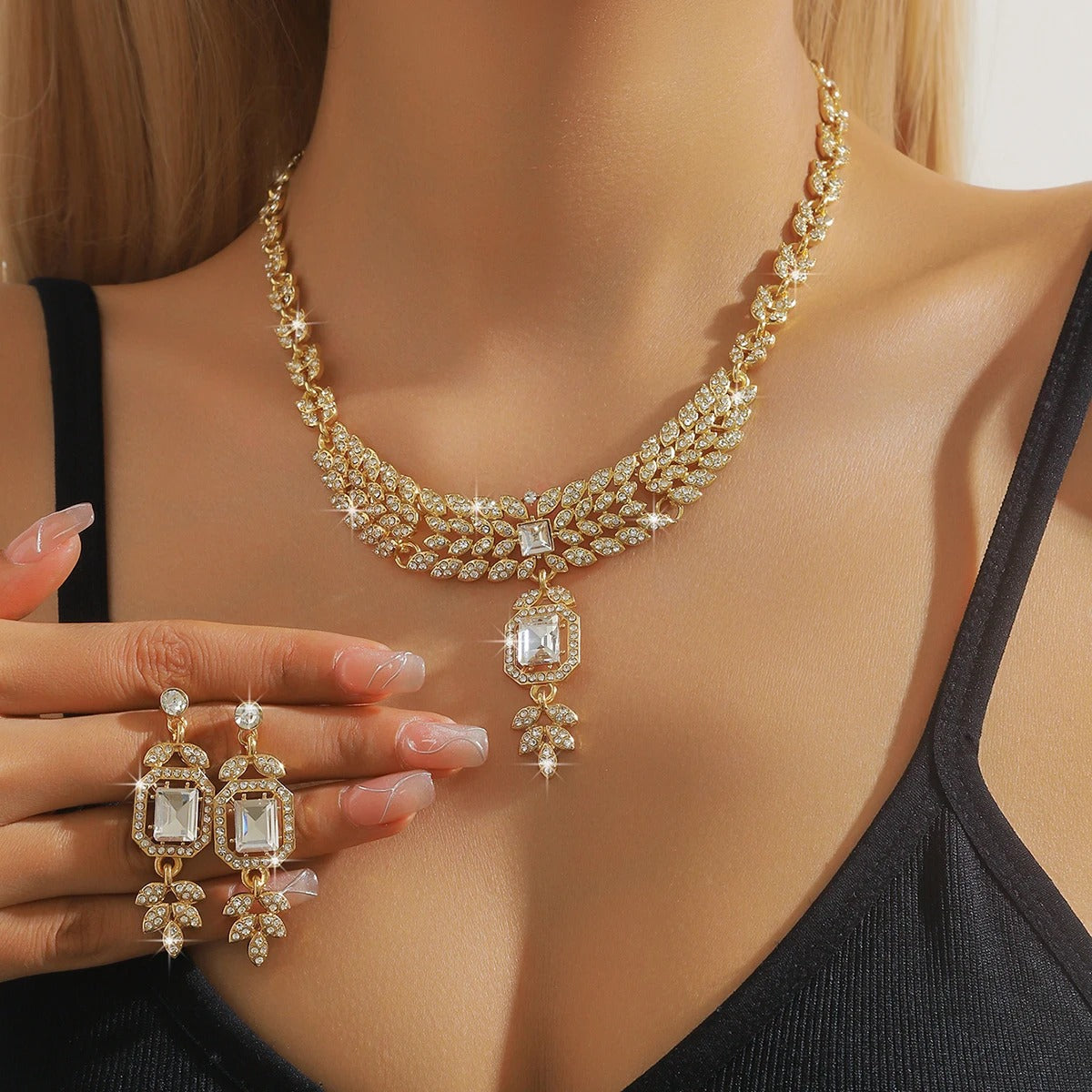 3PC Women's Fashion Geometric Square Leaf Necklace Earrings Jewelry Set, Suitable for Wedding and Festival Gifts