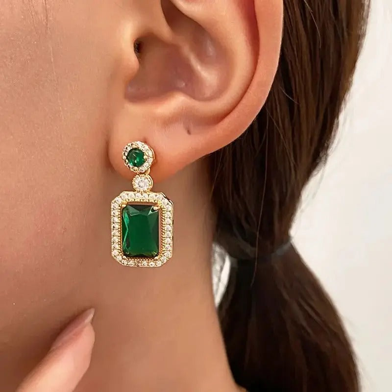 Elegant Green Crystal Drop Earrings Women Round & Square Dangle