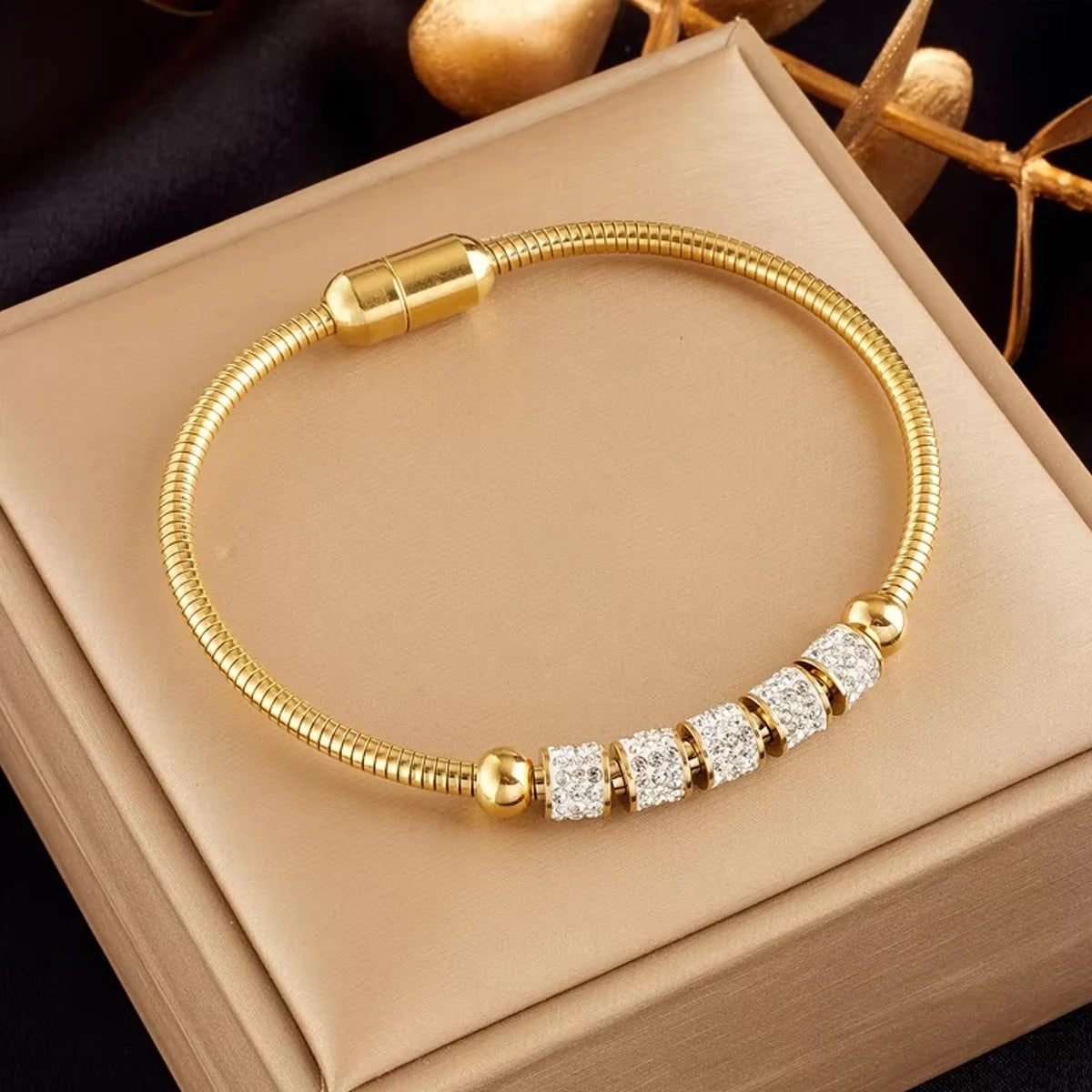 Stainless Steel Gold Color Rhinestone Beaded Bracelet For Women Fashion Ladies Magnet Clasp Bangles Jewelry