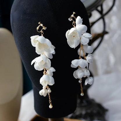 Hand-Beaded Flower Drop Earrings Women Fabric Wedding Jewelry