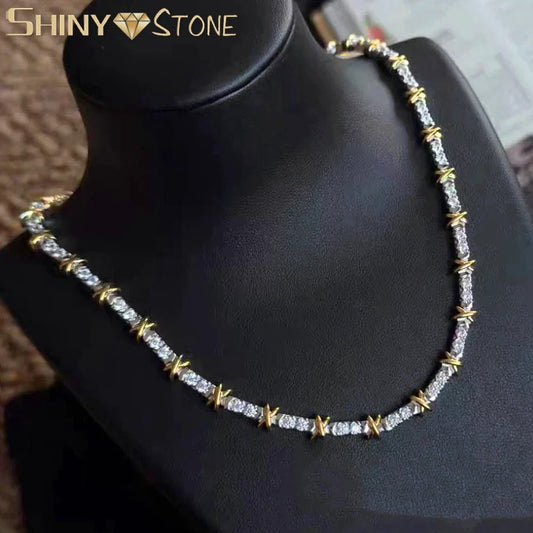2025 New Iced Out Cross X shape Necklace Gold Silver Color 3MM Tennis Chain Cubic Zirconia CZ Charm Choker For Women Jewelry