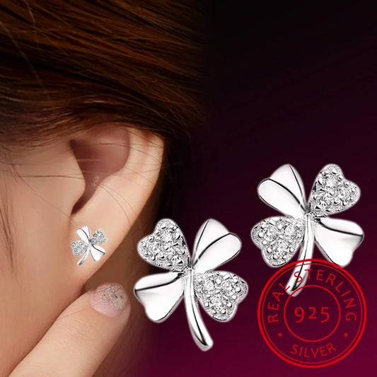 925 Sterling Silver Heart & Lucky Clover Stud Earrings Women