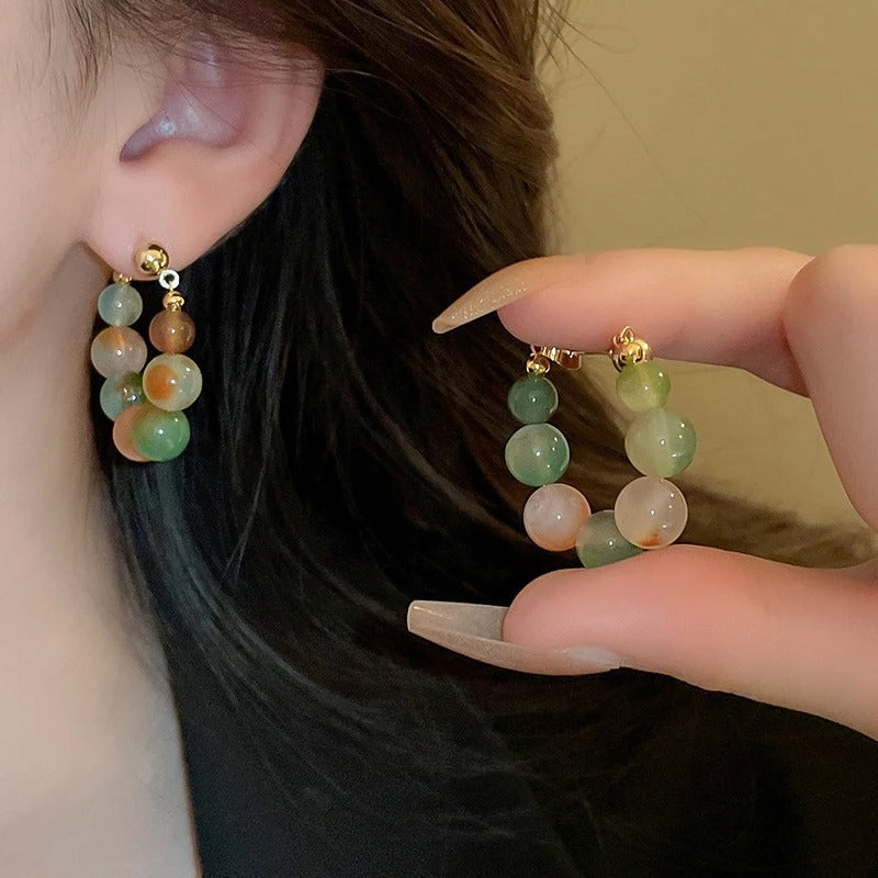 Style Colorful Beaded Jade Earrings for Women Female High-End Temperament Earrings New Ethnic Jewelry