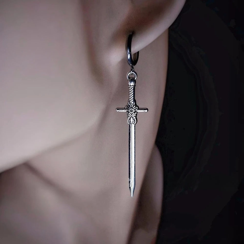 Punk Goth Sword Drop Dangle Earrings for Men Hip Hop Style