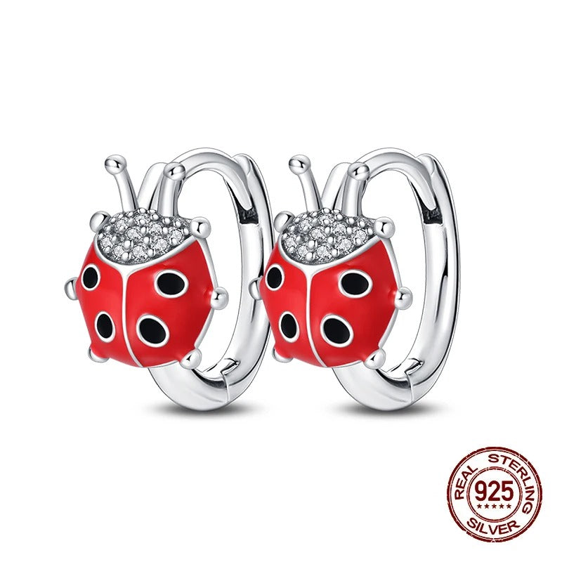 100% 925 Sterling Silver Colorful Red Ladybug Double Hoop Earrings For Women Fashion Birthday Party Jewelry Gifts