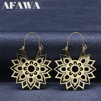 Women Gold Lotus Flower Hoop Earrings Yoga Stainless Steel Jewelry