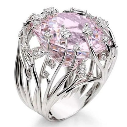 New 925 Silver Pink Crystal Zircon Exaggerated Ring Women