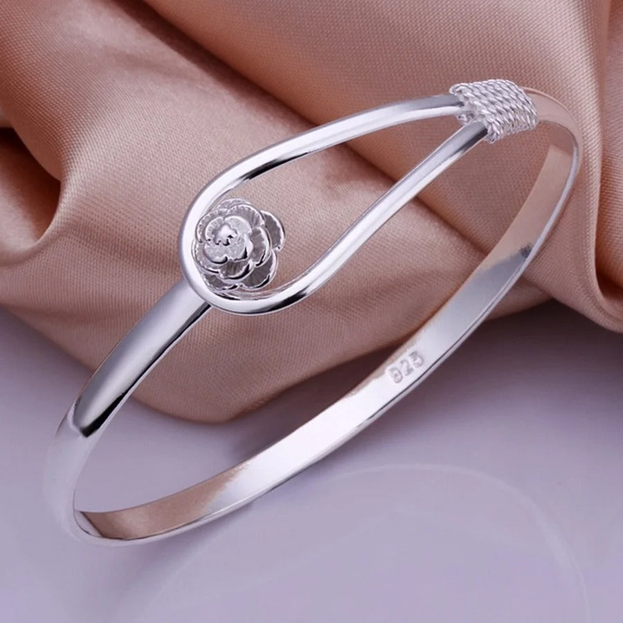 925 Sterling Silver Bangle Flower Buckle Bracelet for Women