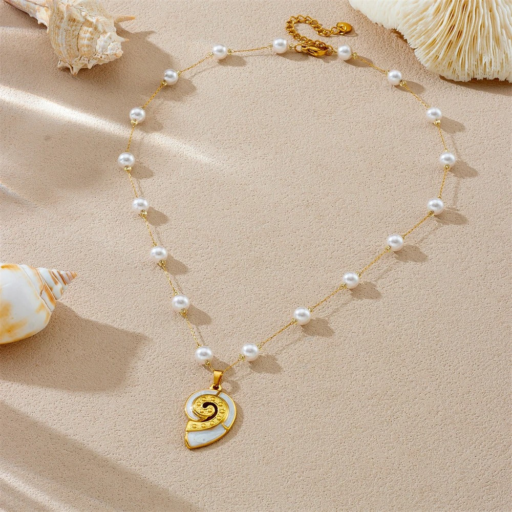 316L Stainless Steel Golden Sea Shells Conch Pendant Pearl Necklace Women New Fashion Neck Chain Jewelry Party Gift