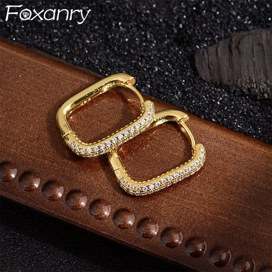 Foxanry Sparkling Zircon Rectangle Hoop Earrings – Minimalist Elegant Bridal Jewelry for Women