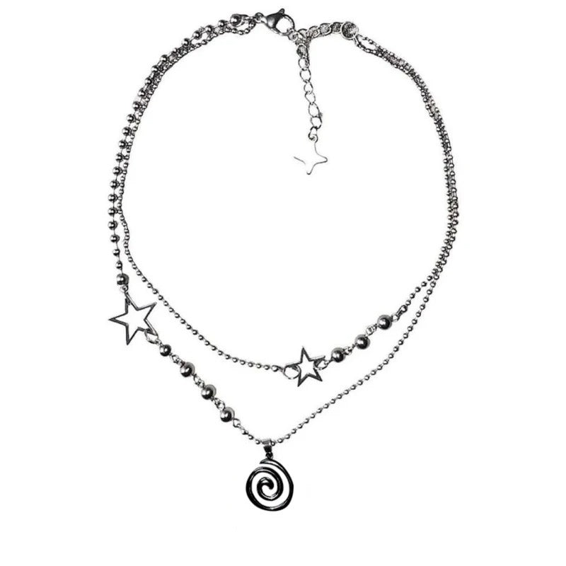 Stainless Steel Spiral Pendant Necklace, Layered Choker Star Charm Necklace, Grunge Y2K Cyber Fairycore Jewelry, Subversive Archive Alt Fashion Gift