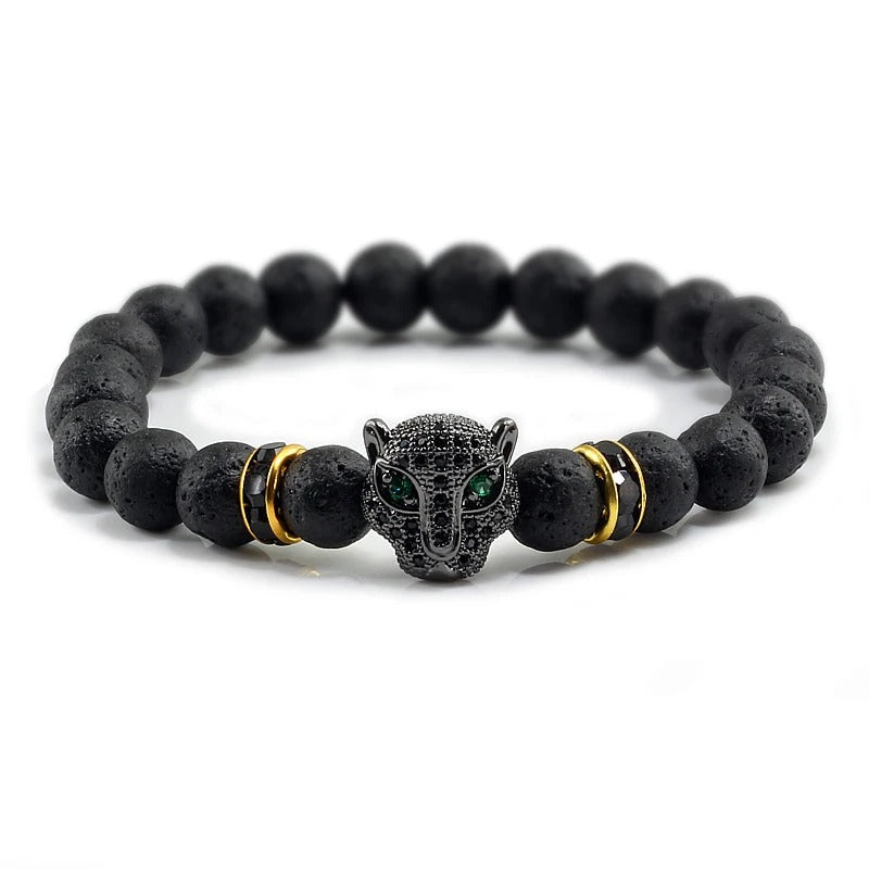 Natural Stone Lava Beads Bracelet Reiki Healing Buddha & Leopard Head