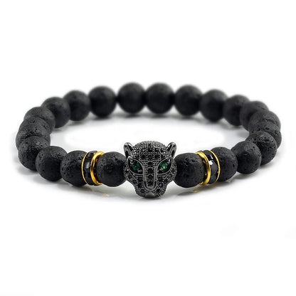 Natural Stone Lava Beads Bracelet Reiki Healing Buddha & Leopard Head