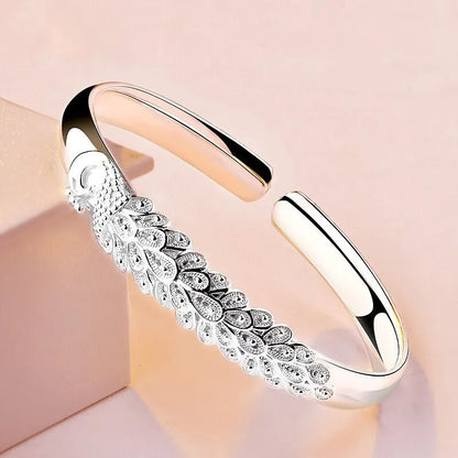 925 Sterling Silver Peacock Open Bracelet for Women Luxury Jewelry