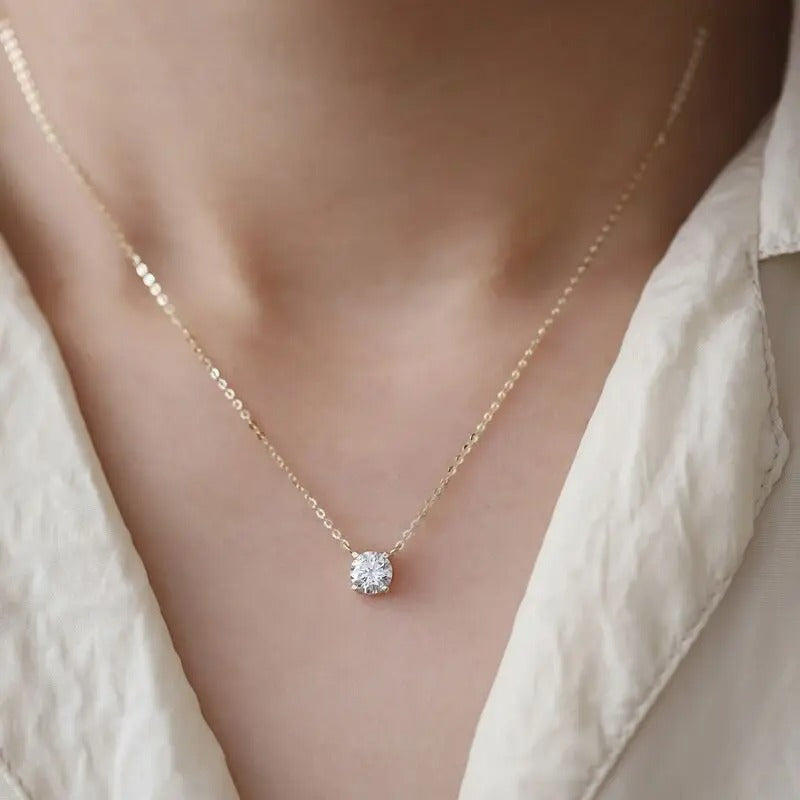 Sterling Silver French Simple Crystal Pendant Clavicle Chain Necklace Women Light Luxury Party 14k Gold Jewelry
