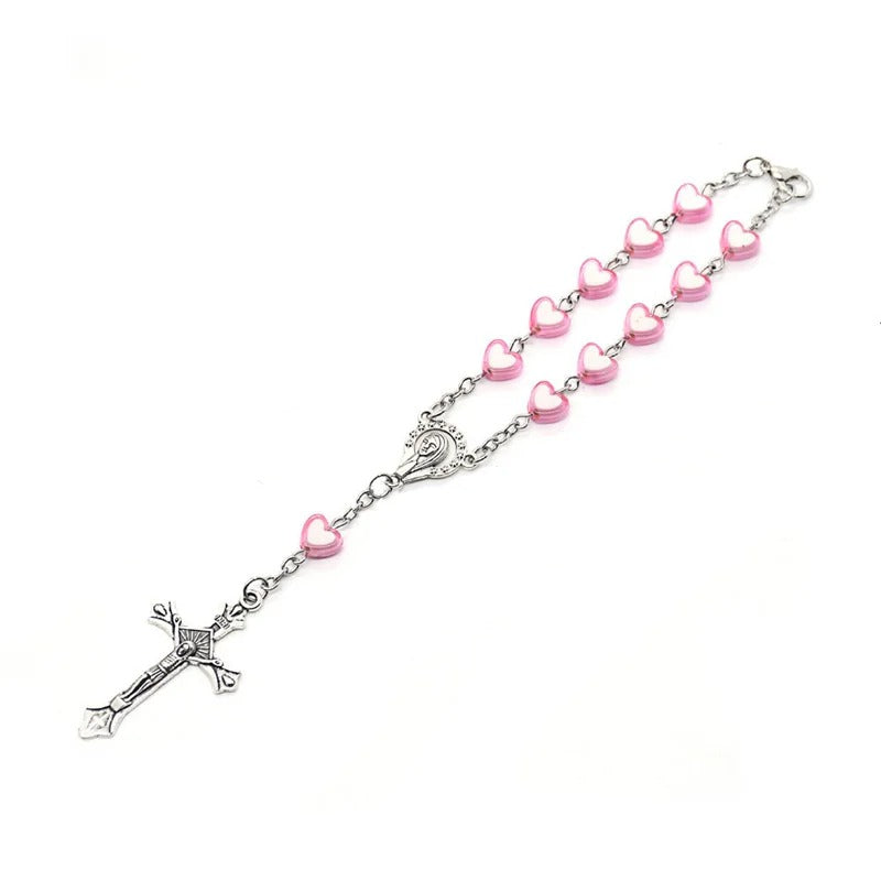 Religious Cross Pendant Pink Heart Plastic Beads Rosary Bracelets