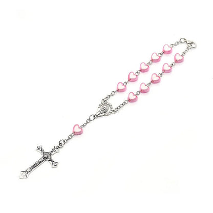 Religious Cross Pendant Pink Heart Plastic Beads Rosary Bracelets