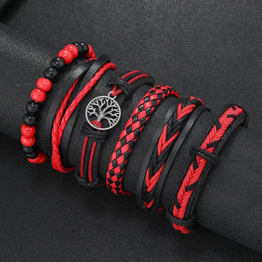 Red 6 Pc/set Tree Black Wrap Woven Handmade Wood Beads Bracelets Male Women Leather Bracelets Men Bangle Jewelry Gift