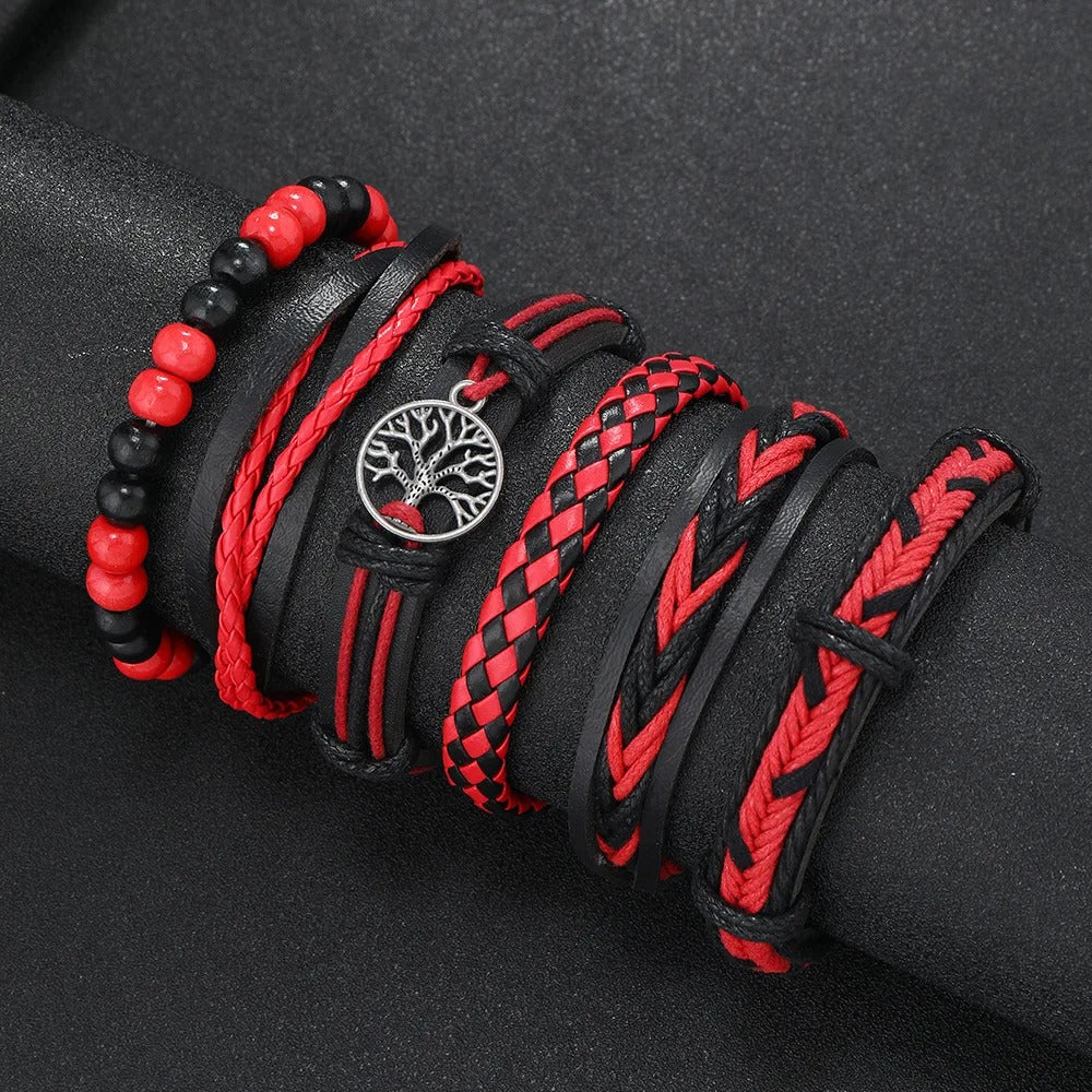 Red 6 Pc/set Tree Black Wrap Woven Handmade Wood Beads Bracelets Male Women Leather Bracelets Men Bangle Jewelry Gift