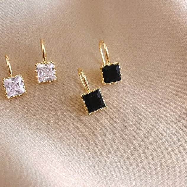 Square Crystal Stone Earrings Women Gold Plated Clear & Black Jewelry