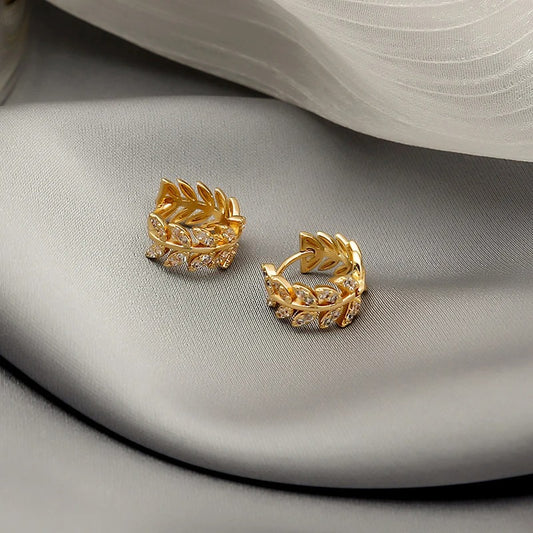 New Arrival Small Hoop Earrings Metal Rhinestone Leaf Design