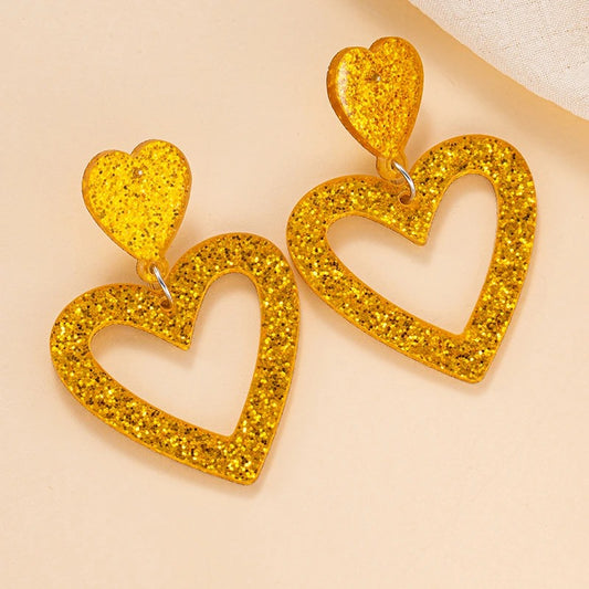 Golden Double Heart Drop Earrings Women Bling Acrylic Jewelry