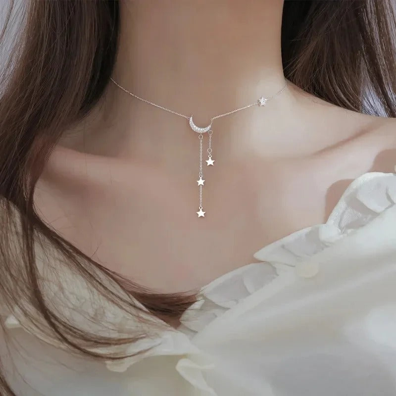 Exquisite Bling Silver Color Tassel Star Moon Necklace For Women Clavicle Chain Woman Jewelry Birthday Gift Accessories