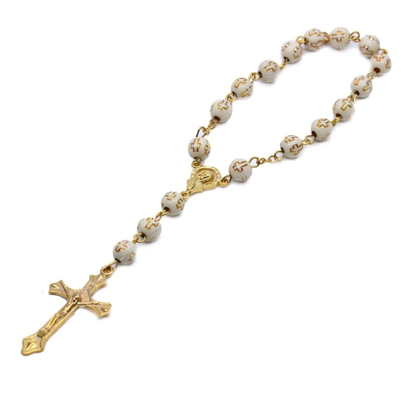Car Rosary Beaded Bracelets Beige Plastic Cross Pedant Religious Jewelry For Men Women