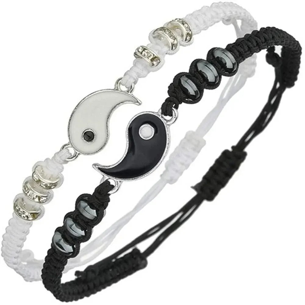 2-Pc Black & White Tai Chi Couple Bracelets Adjustable Rope Jewelry