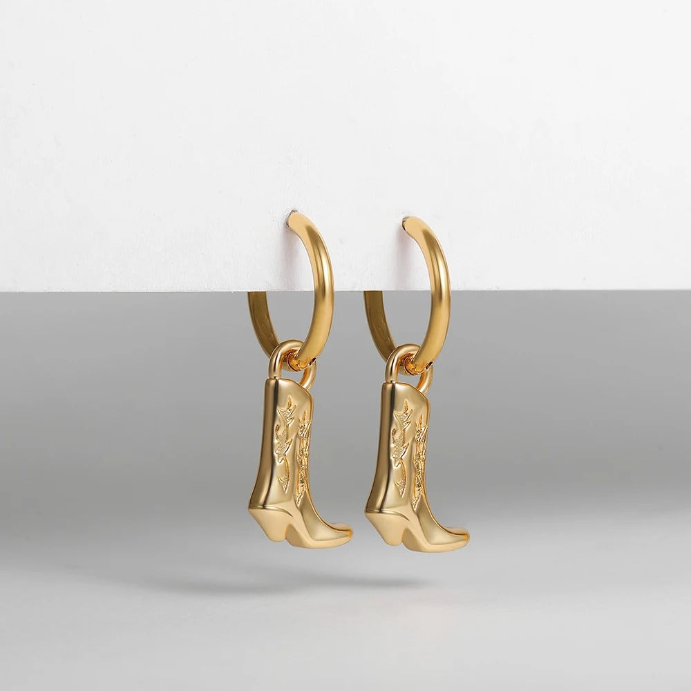 Vintage Cowboy Boot Dangle Earrings Women Gold Plated Hoop Jewelry