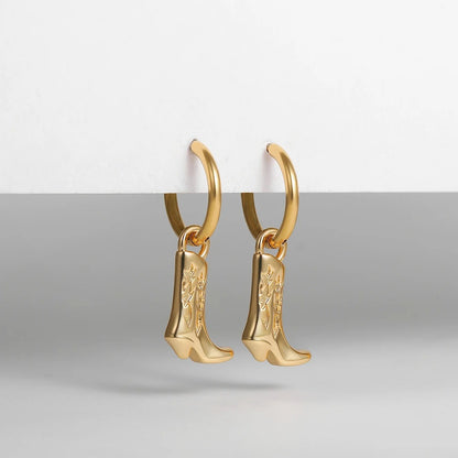 Vintage Cowboy Boot Dangle Earrings Women Gold Plated Hoop Jewelry