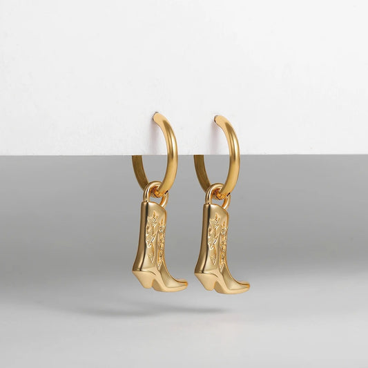 Vintage Cowboy Boot Dangle Earrings Women Gold Plated Hoop Jewelry