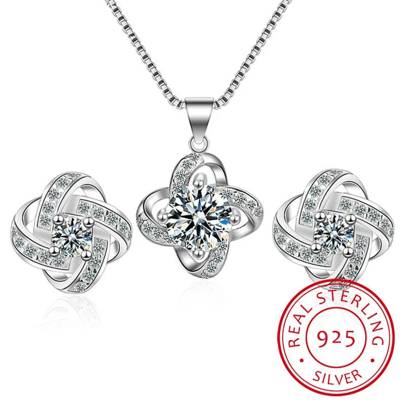 925 Silver Bridal Jewelry Set Clover Choker Necklace and Earrings