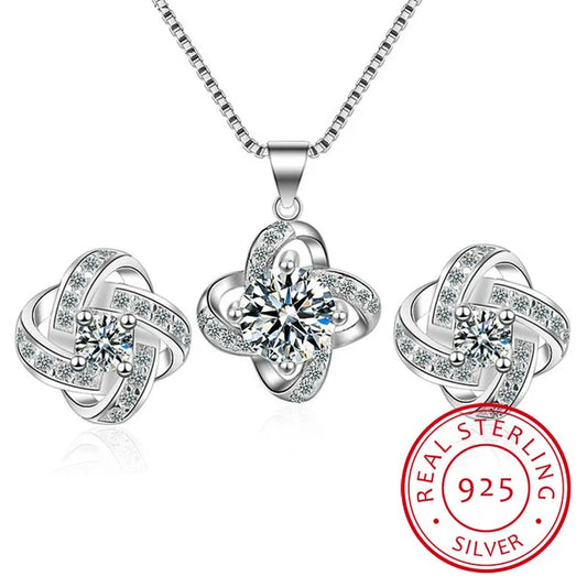Bijoux New Bridal Jewelry Sets 925 Sterling Silver Long Statement Clover Choker Necklaces Zirconia Earrings for Women Gift