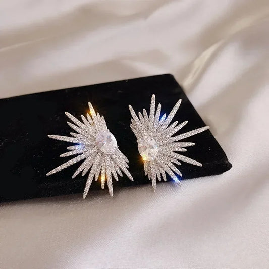 New Silver Big Plant Stud Earrings with Zircon for Women Korean Fashion