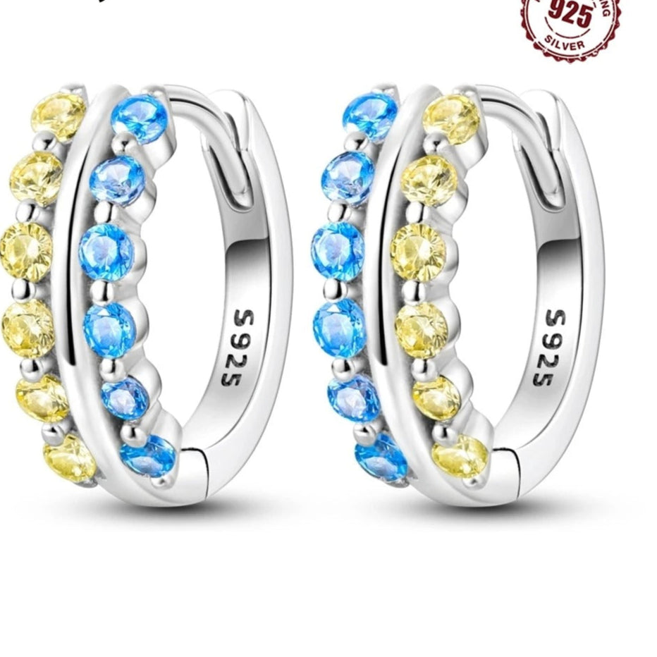 Women’s S925 Silver Hoop Earrings Sparkling Blue Yellow Zircon