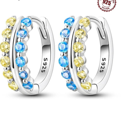 Women’s S925 Silver Hoop Earrings Sparkling Blue Yellow Zircon