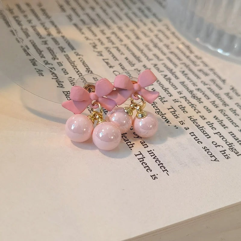 Super Sweet Pink Bow Earrings  Silver Needle Sweet Girl Heart Candy Bead Earrings Summer Fresh Earrings